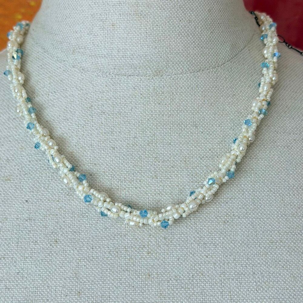 Freshwater Pearl Aqua Crystal Multi Strand Twisted Necklace 925 Sterling Clasp